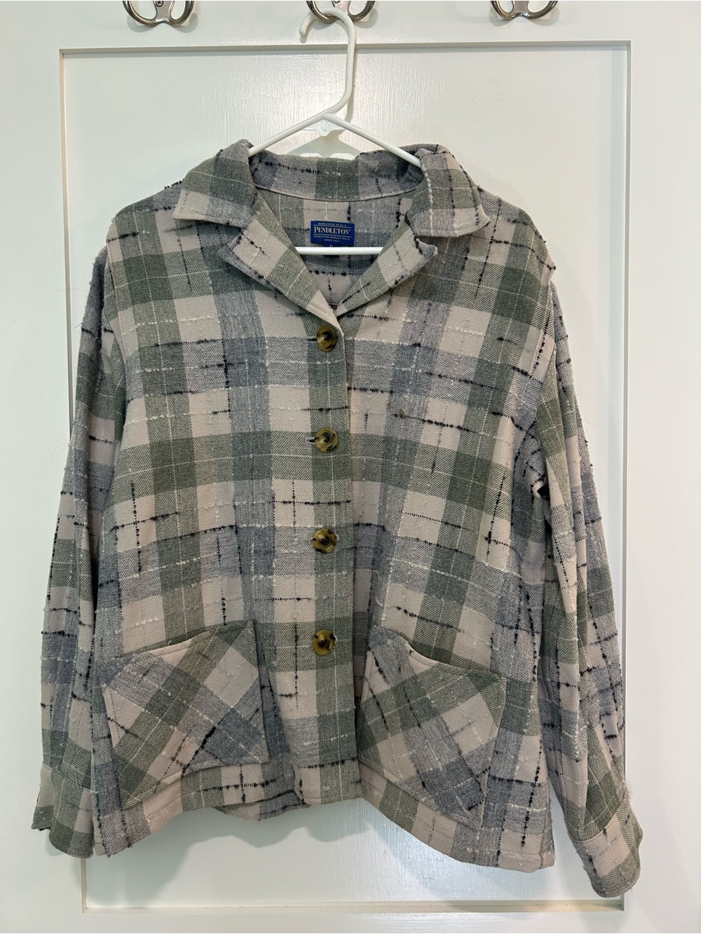 Pendleton Women’s XL Petite Plaid Wool Jacket Sage Gray Cream Chore Coat
